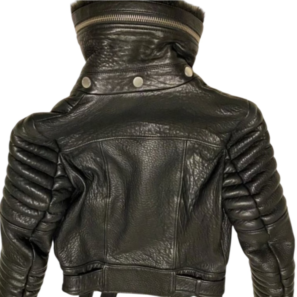 THE ARRIVALS Rainier Pebbled
Lamb Leather Jacket w/ Removable Fur Collar, XS - Picture 9 of 16